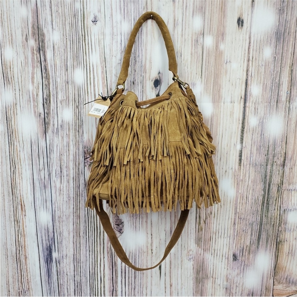Frye Double Fringe Phoebe Suede Bucket Bag. Textured Tan suede. Western boho EUC - Picture 8 of 13